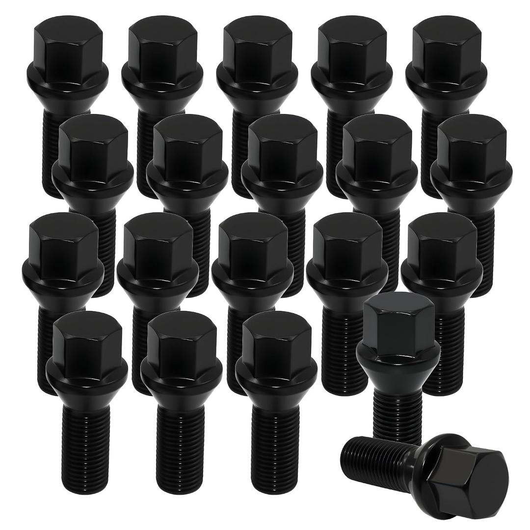 M14x1.5 Lug Bolts 17mm Hex, 28mm Thread Length, Compatible with A3 A4 A5 A6 A7 A8 S3 S4 S5 S6 S7 S8 Golf Beetle CC, Conical Bulge Seat, 20PCS, Black