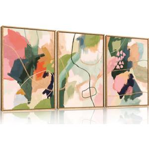 DRACIT Colorful Abstract Framed Canvas Wall Art Set,Modern Multicolor Pastel Minimalist Line Wall Decor,Boho Green and Pink Painting for Living Room,Bedroom-16 x24 x3