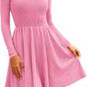 Zenlonr Women's Fall Dresses 2025 Casual Long Sleeve Ribbed Knit Crewneck Short Dress Flowy A-Line Party Dresses (Pink, L)