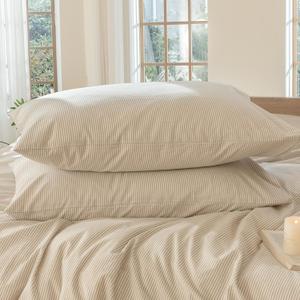 MooMee Bedding Pillowcases Striped Pack of 2 100% Washed Cotton Linen Like Textured Breathable Durable Soft Comfy (Tannish Linen Grey White Pinstripes, Queen)