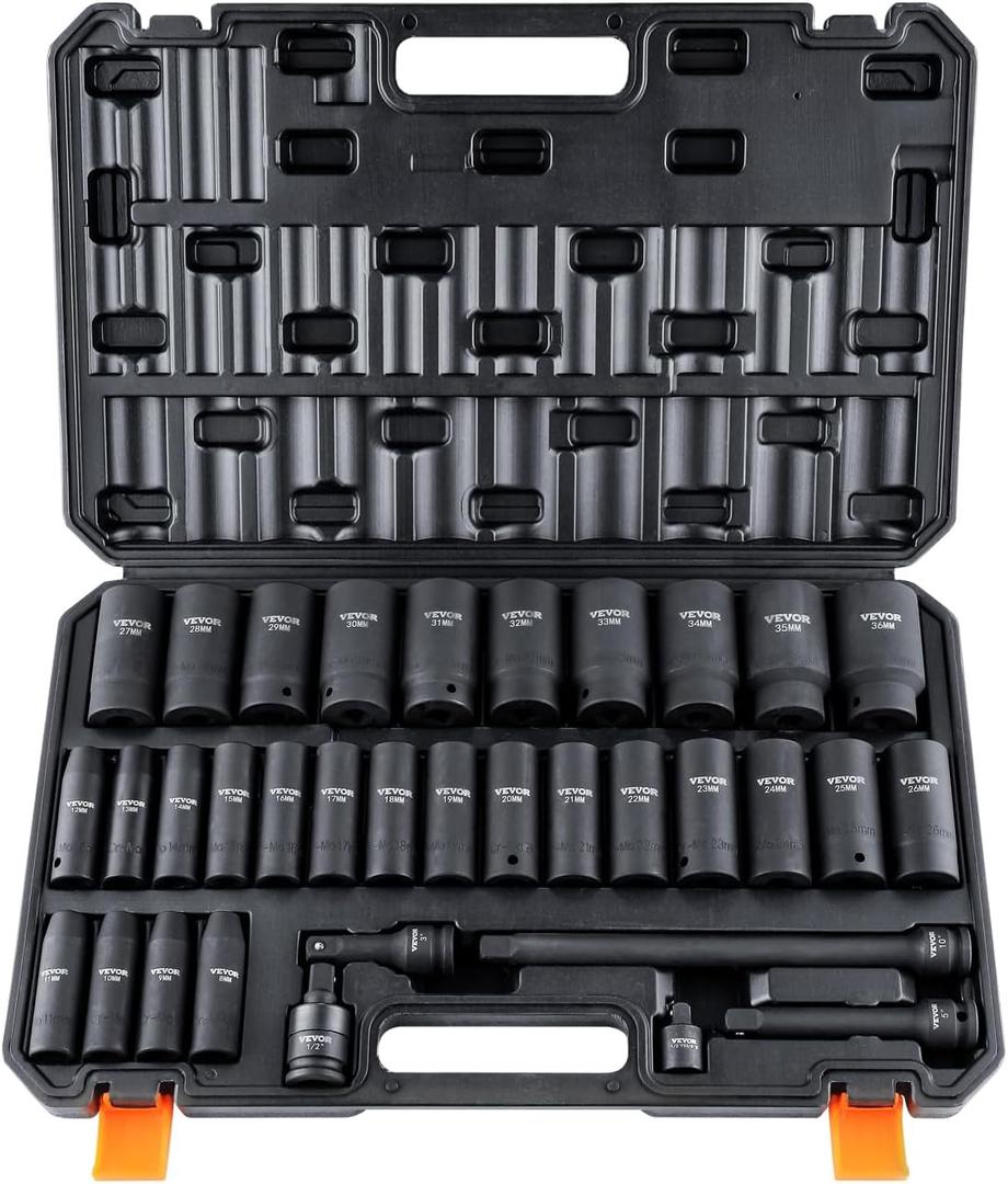 VEVOR 1/2" Drive Impact Socket Set, 34 Piece Socket Set Metric 8-36mm, 6 Point Cr-MO Alloy Steel for Auto Repair, Easy-to-Read Size Markings, Rugged Construction, Includes Storage Case