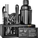 Black Stainless Steel Cocktail Shaker Set with Wood Stand - 15 Piece Bartender Kit with Drink Shaker, Bar Spoon, Jigger, Muddler, Strainer, Bottle Opener, Stopper, Pour Spout, Stirrers, Tongs, Recipes (Gun Metal/Black)