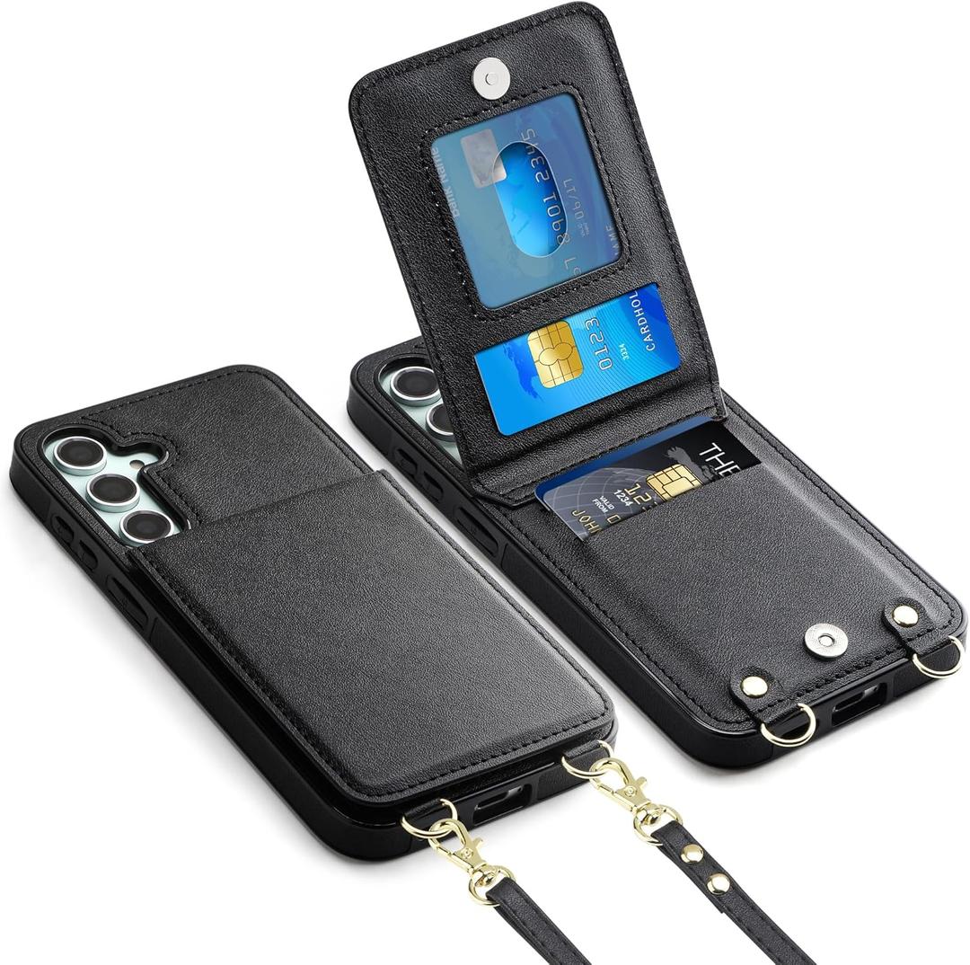 Vofolen for Samsung Galaxy S25 Case with Card Holder Crossbody Lanyard Strap Leather Wallet Case with Magnetic Clasp Kickstand Heavy Duty Protective Flip Cover for Galaxy S25 for Women, Black