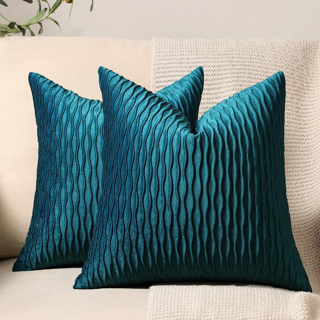 DEZENE 18x18 Teal Throw Pillow Cases: 2 Pack Original Striped Velvet Square Decorative Pillow Covers for Farmhouse Couch