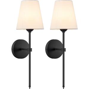 KUAUGST Wall Sconces Sets of 2, Retro Industrial Wall Lamps, Bathroom Vanity Sconces Wall Lighting with White Fabric Shade, Suitable for Bedroom Living Room Corridor Kitchen (Black1)