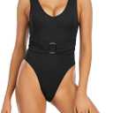Womens One Piece Swimsuit Ribbed O-Ring Belted U-Back Swimwear High Cut Cheeky Bathing Suit (XL)
