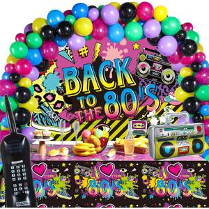 Irenare 100 Pcs 80s Party Decorations Includes Back to 80's Backdrop and Tablecloth Inflatable Radio Boombox and Mobile Phone Balloons for Hip Hop Birthday Party(80s Style)