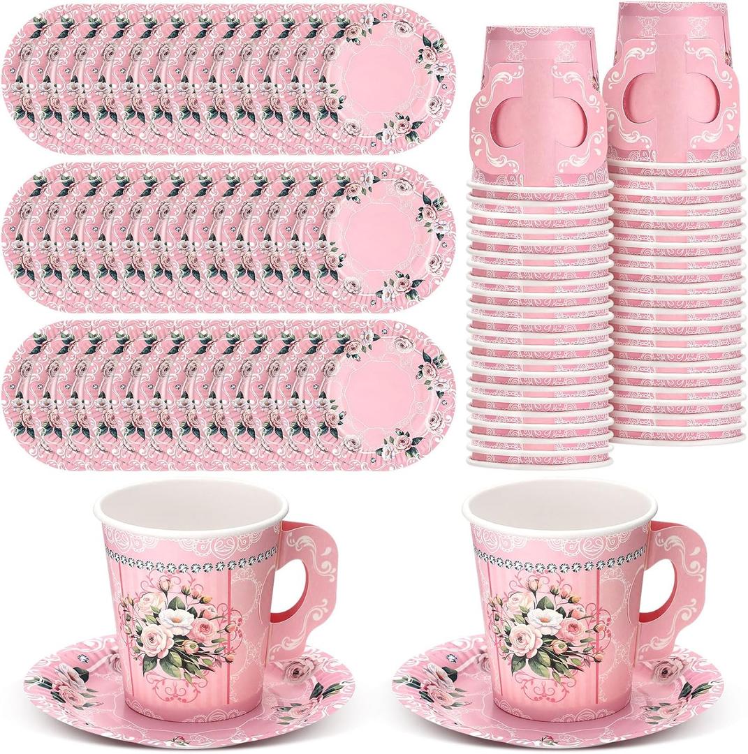 Nuogo 200 Pcs Floral Paper Tea Cups and Saucers 7 oz Disposable Paper Teacups with Handle and Plates for Tea Party Decoration Wedding Birthday Baby Shower Bridal Mother's Day, Serve 100(Pink)