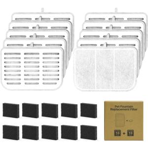 Filter Unit Rect For E VERSWEET MAX Cordless 105fl oz/3L Pet Cat Water Fountain Filter Replacement (Square-10 Filters+10 Sponges)