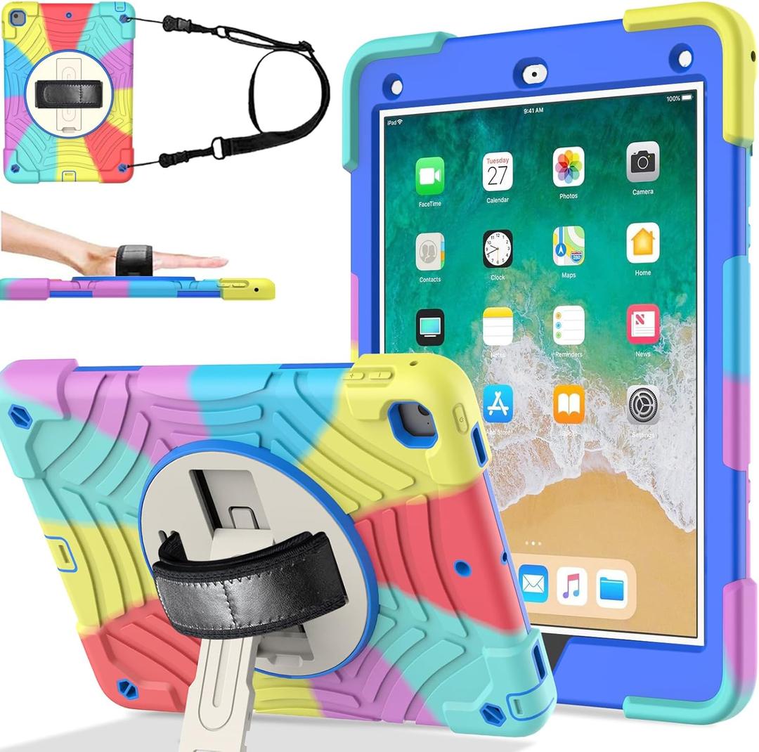 BMOUO Case for iPad 6th/5th Generation/Air 2, for iPad 9.7 Case 2018/2017 with Screen Protector, 360 Rotating Stand & Hand & Shoulder Strap Kids Case for iPad 6th/5th Gen/Air 2, Rainbow