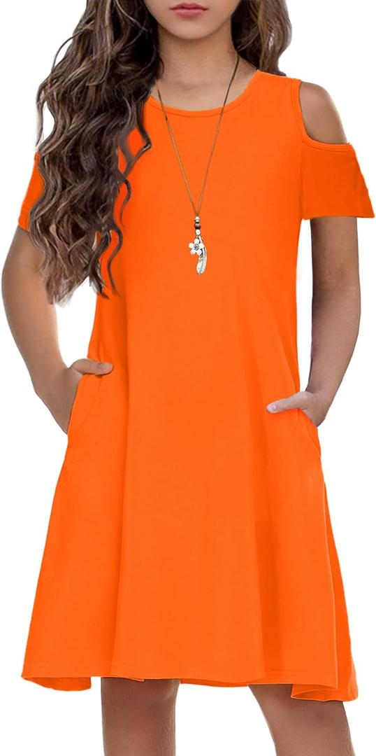 Arshiner Little Girls Short Sleeve Summer Dress A line Cold Shoulder Beach Casual Dresses with Pockets Orange 9-10 Years