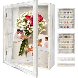 Shadow Box Display Case 11x14, Deep Shadow Box Picture Frame with Linen Back and Removable Shelves, Wooden Memory Box for Wedding Bouquet, Photos, Medals, Keepsakes (White, 11x14)