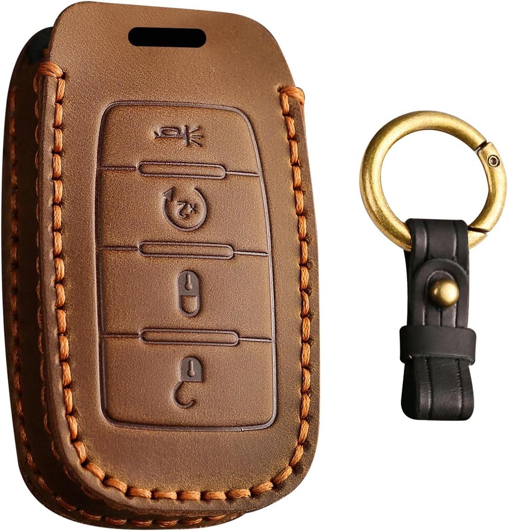 Lightweight Premium Leather Car Key Fob Cover Case Compatible with Dodge Ram 1500 2500 2024 2025 3500 4500 2022 2023 5500 2025 2026 Full Protection Durable Key Shell Keychain 4 Buttons-Brown