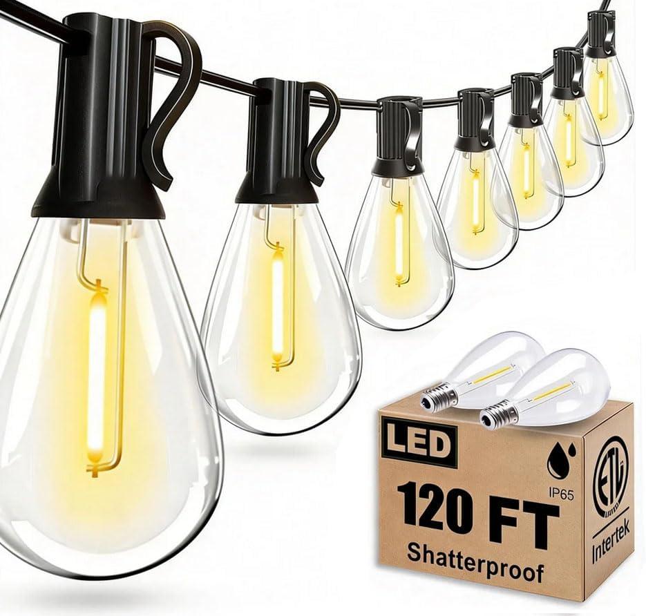 120FT Outdoor String Lights, Ultra Long Waterproof 30+2 Shatterproof Bulbs Led Outside Patio Lights for Porch Deck Garden Backyard Balcony Wedding Party Decor