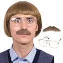FantaLook Short Straight 60 70s Bowl Cut Funny Wig with Glasses and Mustache for Men Crazy Mushroom Cosplay Wig for Halloween (Light Brown)