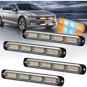 4pcs 24-LED Emergency Strobe Light, Amber White Ultra-Thin Surface Mount Flashing Warning Beacon Hazard Construction Caution Light for Cars Off Road Firefighter Vehicles Trucks