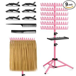 OLMRJKD Braiding Hair Rack with Tray, 144 Pegs Height Adjustable Braiding Rack, 2side Hair Extension Holder Hanger, Hair Stand with Stylist Hair Braiding Tools for Hair Salon Home Traveling (Pink)