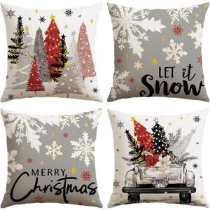Artscope Christmas Throw Pillow Covers 18x18 Inch Set of 4, Let It Snow Snowflakes Truck Winter Christmas Decoration Pillow Cases for Home Sofa Couch Decor-Grey
