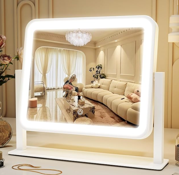 ROLOVE Vanity Mirror with Lights, 14"×12" LED Makeup Mirror, Lighted Makeup Mirror with Lights, Smart Touch Control 3 Colors Dimmable, Lighted Up Mirror for Makeup Desk, Bedroom, Women Gift 