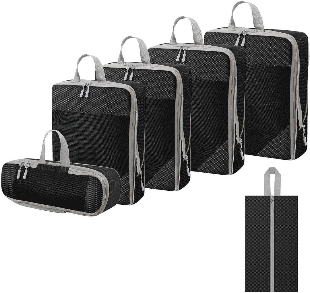 WOOMADA Compression Packing Cubes for Suitcases Travel Essentials 6 Set Rectangle Mesh Expandable Travel Bags Organizer for Luggage (6 Set (1S+2M+1L+1XL+Shoe Bag/Laundry Bag), Charcoal)