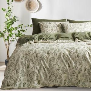 Floral Duvet Cover Set King Size Reversible Olive Green Botanical Flower Bedding Set 3 Pieces Vintage Flower Aesthetic Soft Lightweight Comforter Cover Set for Women Girls with 2 Pillowcases