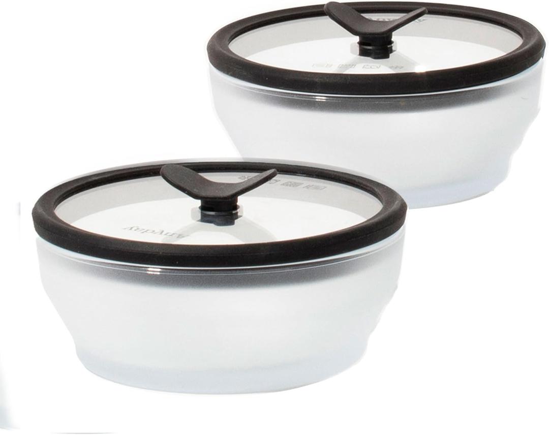 Anyday 2-Pack (2-Cup) Glass Food Storage Set with Glass Lids | Plastic-Free Frosted Meal Prep Bowls | Stackable Airtight Storage Container Set with Vented Silicone Lid for Microwave-Safe Reheating (Frosted - Black Sesame)