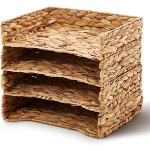 Yeaqee 4 Pcs Water Hyacinth Letter Tray Stackable Natural Woven Paper Organizer A4 File Storage Basket Letter Size Desk Documents Tray Magazine Holder for Office Paper Organizer and Storage