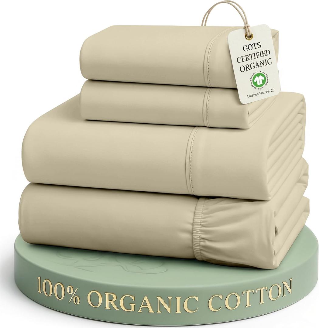 100% Organic Cotton Bed Sheets Full Size, Fully Elasticized Reinforsed Seams in Fitted Pocket, Machine Washable Naturally Cooling Full Sheet Deep Pocket Bedding- Linen