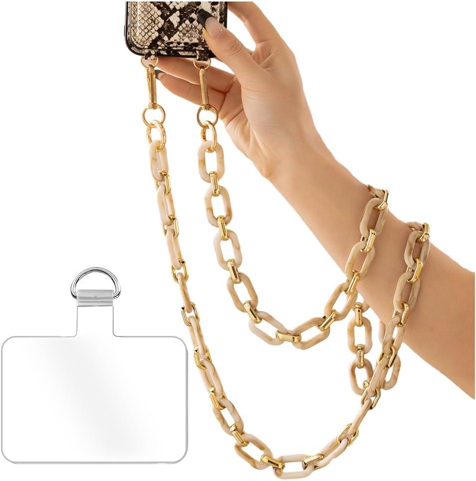 Phone Crossbody Chain Cell Phone Lanyard,Acrylic Shouder Strap Universal Cellphone Chain Strap with Tether Patches Compatible with Most Phones Bag Purse Beige