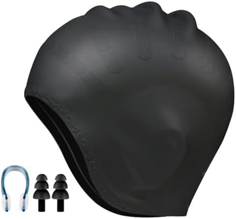 Unisex Silicone Swim Cap with 3D Ear Protection, Waterproof & Comfortable for All Water Sports, Keeps Hair Dry, Includes Ear Plugs and Nose Clip