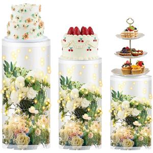 3 Pcs Cylinder Stands for Party, PVC Large Clear Cake Pedestal Stand, Round Reusable Dessert Display Tables for Birthday Wedding Baby Shower Decoration, 35. 4'' H, 29. 5'' H, 23. 6'' H