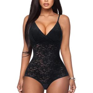 BRABIC Lace Bodysuit for Women Tummy Control Shapewear Sleeveless Tops V-Neck Backless Camisole Jumpsuit Shaper (XX-Large, Black)