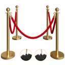 4 Pack Gold Stanchions and Velvet Ropes Set, Stainless Steel Crowd Control Barriers, 3Pcs Red Carpet Ropes and Poles for Party Supplies,Photobooth Accessories, Prom,Birthday,Business,Wedding, Museums