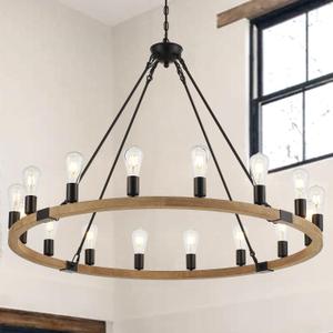 Farmhouse 16-Light Natural Wood Wagon Wheel Chandelier 43.3, Black Metal Pendant Chandeliers Wooden Vintage Rustic Light Fixtures Industrial for High Ceiling Living Dining Room Foyer Villa
