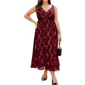 RWJ Women's Plus Size Wedding Guest Dress 2026 Floral Lace Wrap V Neck Sleeveless Formal Cocktail Party Maxi Dresses (3X-Large Plus, Burgundy)