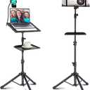 Lusweimi Projector Tripod Stand, 50 Laptop Stand with 2 Shelves for Projector, iPad, DJ Equipment, Portable Adjustable Floor Stand with Gooseneck Phone Holder for Office, Home, Stage or Studio