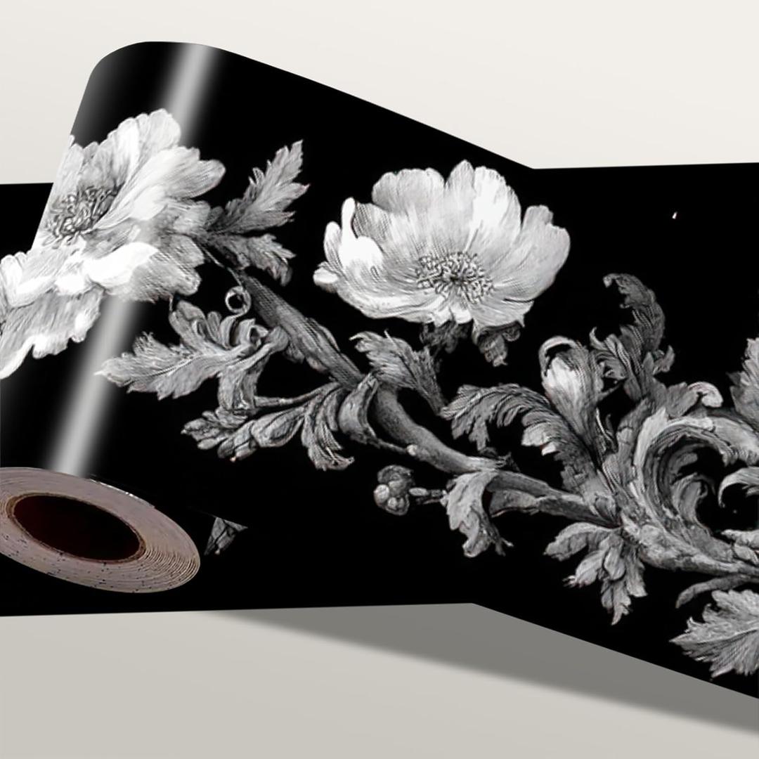 Black White Floral Wallpaper Border 196x4 Inch Removable Wall Border Peel and Stick Rose Flower Design for Bedroom Bathroom Living Room Kitchen Wall Trim Decor Elegant Vintage Style