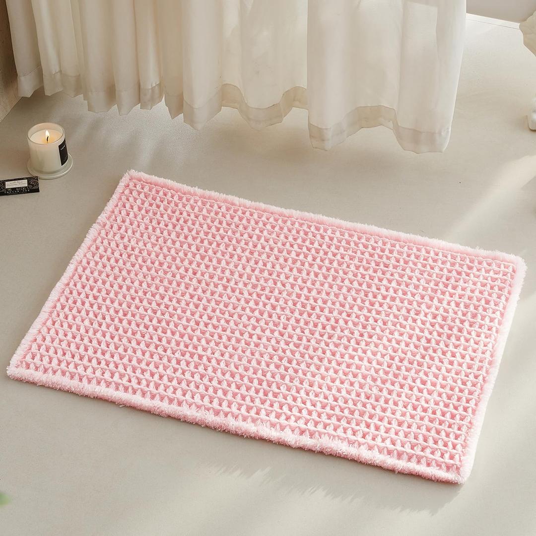 Light Peachy Pink Bathroom Rugs, Waffle Bath Mat Non Slip Washable Quick Dry Cute Bath Mat Boho Farmhouse Bathroom Decor, 30"x20" Light Peachy Pink (1'8" x 2'6" (Rectangular))