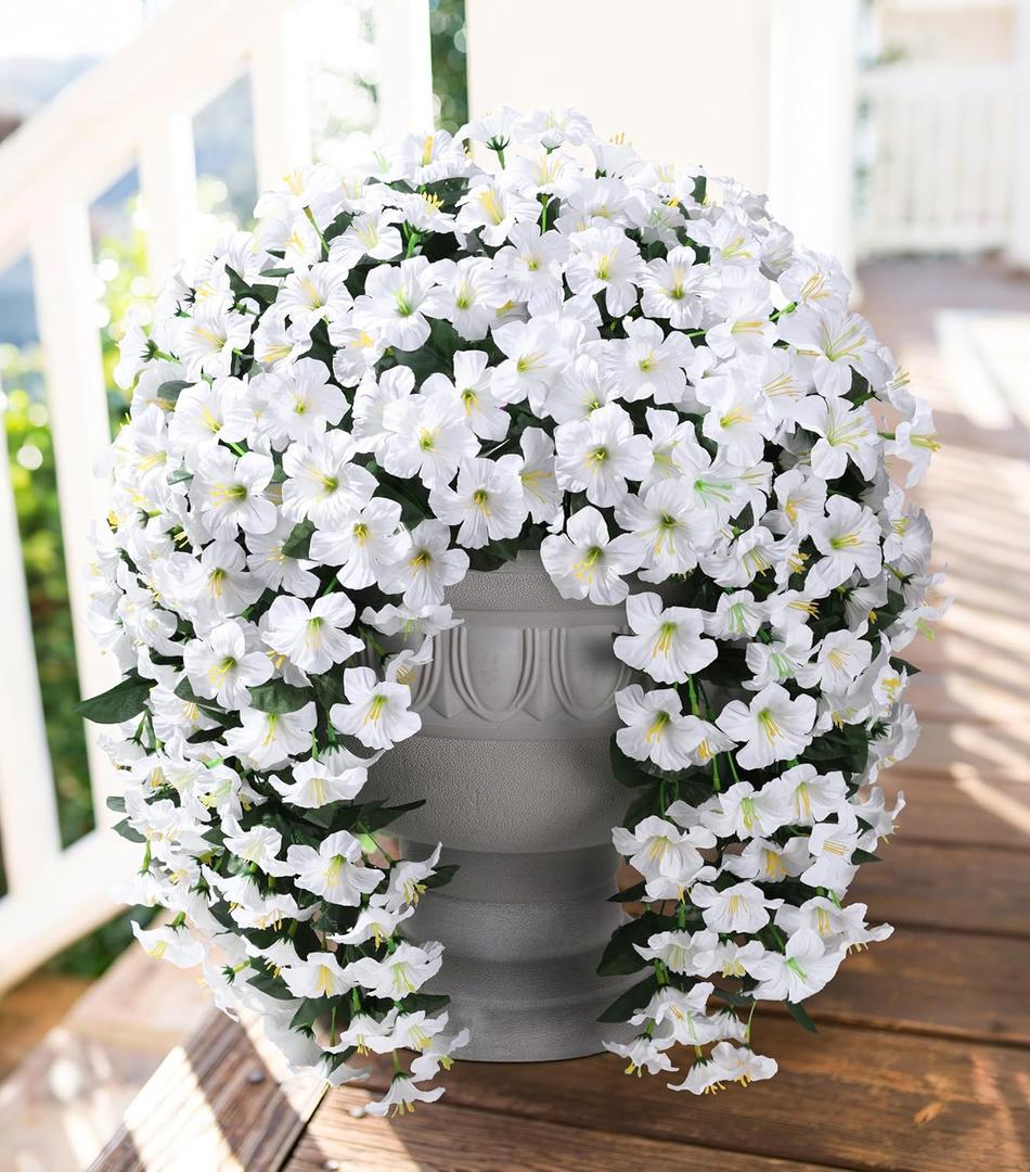 2 x HyeFlora Artificial Flowers for Outdoors, 2pcs Faux Hanging Morning Glory Silk Fake Flowers Lifelike Artificial Plants UV Resistant Flowers for Outside Planter Patio Garden Porch Decor (White)