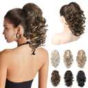 REECHO 12" Ponytail Extension, Classic Loose Curly Wavy Claw Clip Pony tails Hair Extensions Hairpieces for Women - Chocolate Brown with Highlights