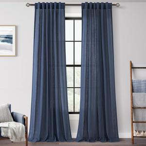 Navy Blue Curtains 108 inch Length for Bedroom Back Tab Light Filtering Semi Sheer Blue Living Room Curtains Linen Cotton Textured Indigo Blue Drapery Panel Modern Aesthetic Decor 42" Wx108" L