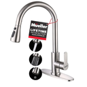 Mueller Single Handle Stainless Steel Kitchen Sink Faucet, High Arc, Single Lever, Pull-Out Sprayer Head, Stream Flow, Powerful Spray Kitchen Sink, with Deck Plate Brushed Nickel Finish