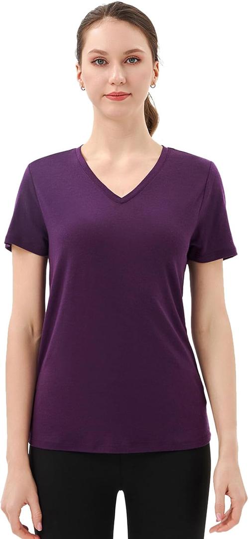 Merino Protect 100% Merino Wool V Neck T-Shirt for Women Short Sleeve Base Layers Odor Resistance Tops for Outdoor Hiking (Purple, S)