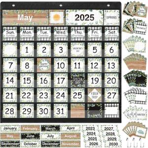 Fulmoon Classroom Calendar Pocket Chart Set Calendar Bulletin Board Set with Pocket Seasons Festival Weather Date Bag Chart for Classroom Decoration Back to School Supplie(Black,Eucalyptus)