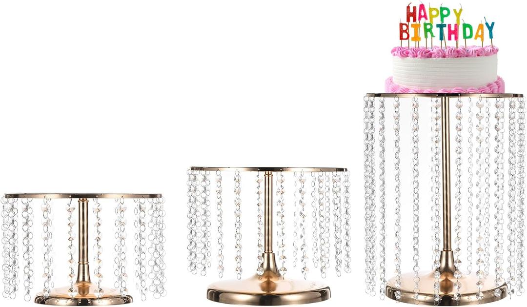 uxcell 3pcs Metal Cake Stand with Crystal Bling Pendants, Round Dessert Cupcake Display Plate for Wedding Event Birthday Party Dessert Table, Gold