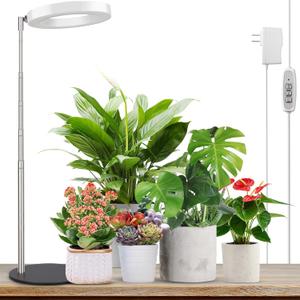 LORDEM Grow Light, LED Plant Light for Indoor Plants Growing, Full Spectrum Desk Growth Lamp with Automatic Timer for 4H/8H/12H, 4 Dimmable Levels, Height Adjustable 9.8"-30.6" (White with Base)