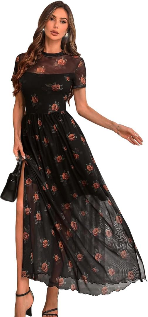 GothDark Women's Mesh Dress Short Sleeve Round Collar Floral Print High Slit Waist-Cinched Wedding Guest Maxi Dresses, Size: M
