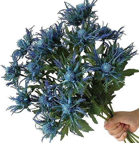 Fermus 6 Stems Artificial Thistle Flowers 6 Branch Real Touch Blue Thistle Decor 26 Inch Real Size Rustic Spray Eryngium Sea Holly for Wedding Bouquet Centerpiece