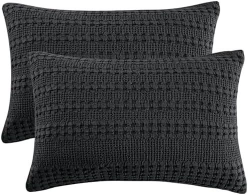 PHF 100% Cotton Waffle Pillow Shams King Size, 2 Pack 20" x 36" Soft Skin-Friendly Pillowcases, No Filling, Aesthetic Woven and Breathable Waffle Weave Pillow Case Covers for Bed, Black
