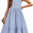 Arshiner Girl's Summer Sundress Spaghetti Strap Solid Linen Midi Dress Casual Cami Dresses (12-13 Years, Blue)